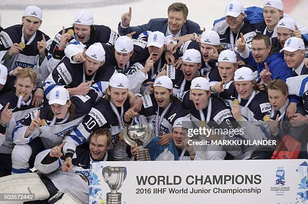 Team Finland and head coach Jukka Jalonen celebrate after winning the world championship at the of the 2016 IIHF World Junior Ice Hockey Championship...
