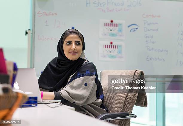 Riad, Saudi Arabia A young Arab woman sitting in front of a computer in the employment agency for women 'Glowork' on October 19, 2015 in Riad, Saudi...