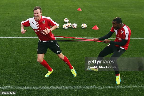 Kevin Grosskreutz and Serey Die exercise during a VfB Stuttgart training session on day 1 of the Bundesliga Belek training camps at Huseyin Aygun...