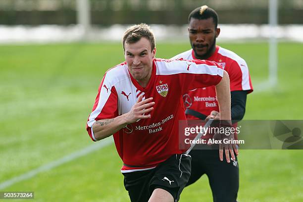 Kevin Grosskreutz and Serey Die exercise during a VfB Stuttgart training session on day 1 of the Bundesliga Belek training camps at Huseyin Aygun...