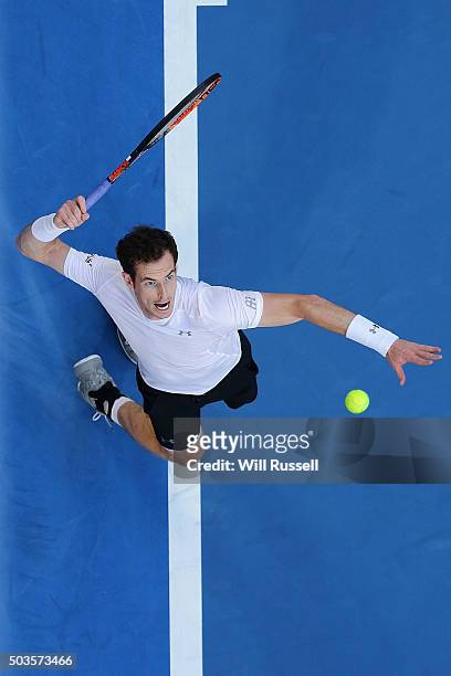 Andy Murray of Great Britain serves in the men's single match against Nick Krygios of Australia Green during day four of the 2016 Hopman Cup at Perth...