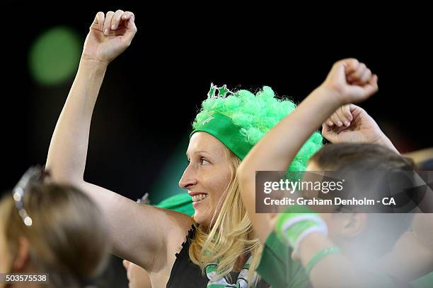 Stars fans show their support during the Big Bash League match between the Melbourne Stars and the Hobart Hurricanes at Melbourne Cricket Ground on...