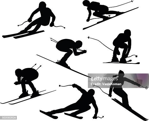 ilustrações, clipart, desenhos animados e ícones de sete silhuetas esquiadores - esportes extremos