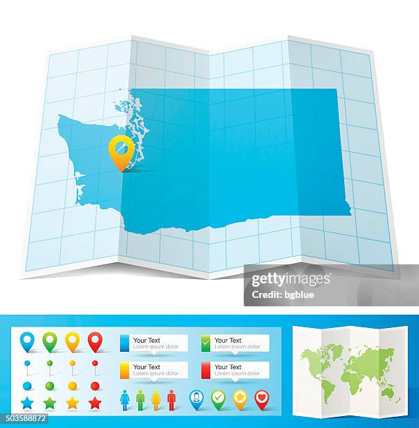 Washington Mappa Con Perni Di Posizione Isolato Su Sfondo Bianco, Foto stock