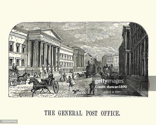 victorian london - the general post office - old post office stock illustrations