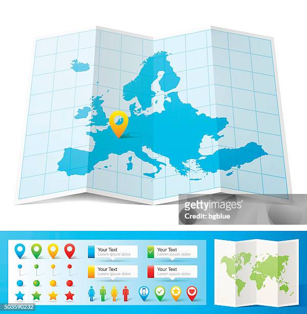 europe map with location pins isolated on white background - folded 幅插畫檔、美工圖案、卡通及圖標
