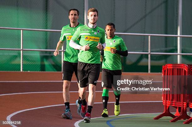 Havard Nordtveit, Roel Brouwers and Raffael of Borussia Moenchengladbach run during the lactate test of Borussia Moenchengladbach at Esprit Arena on...