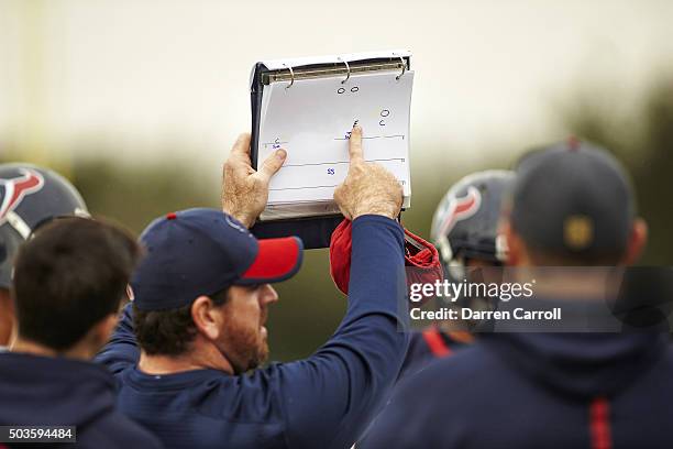 View of Houston Texans offensive line playbook held by assistant during game preparation session at Methodist Training Center. Behind the Scenes....