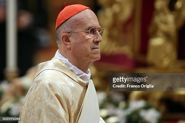 Pope Former Vatican Secretary of State Tarcisio Bertone arrives at St. Peter's Basilica for the Epiphany Mass on January 6, 2016 in Vatican City,...