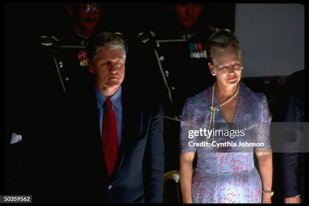 Pres. Bill Clinton w. Queen Margarethe II of Denmark during luncheon at Fredensborg Palace.