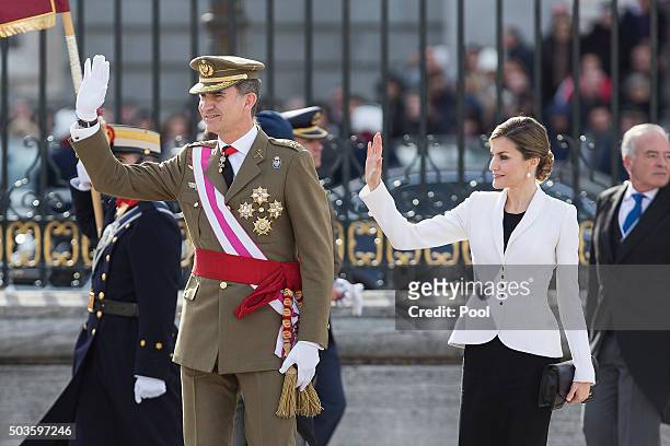 King Felipe VI of Spain and Queen Letizia of Spain attend the Pascua Militar ceremony at the Royal Palace on January 6, 2016 in Madrid, Spain.