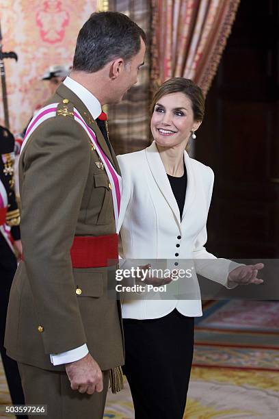 King Felipe VI of Spain and Queen Letizia of Spain attend the Pascua Militar ceremony at the Royal Palace on January 6, 2016 in Madrid, Spain.