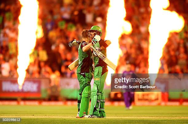 Luke Wright and Glenn Maxwell of the Stars embrace after the winning runs were hit and they won the Big Bash League match between the Melbourne Stars...