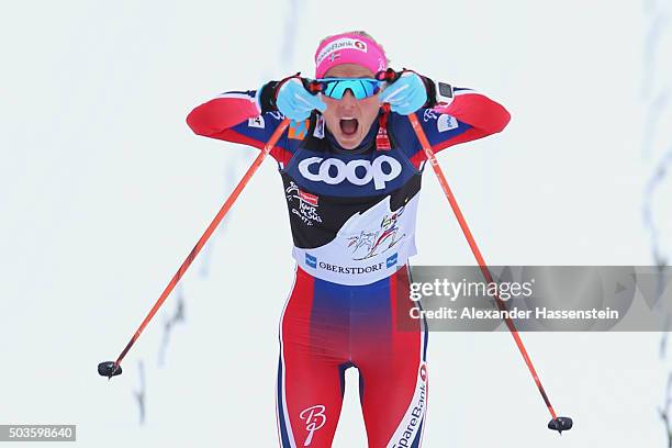 Therese Johaug of Norway wins the Ladies 10km Mass Start Classic Competition during day 2 of the FIS Tour de Ski event on January 6, 2016 in...