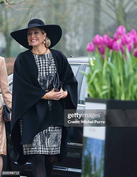 Queen Maxima of The Netherlands arrives to attend the award ceremony for the Tuinbouw Ondernemersprijs 2016 at the Keukenhof flower show on January...