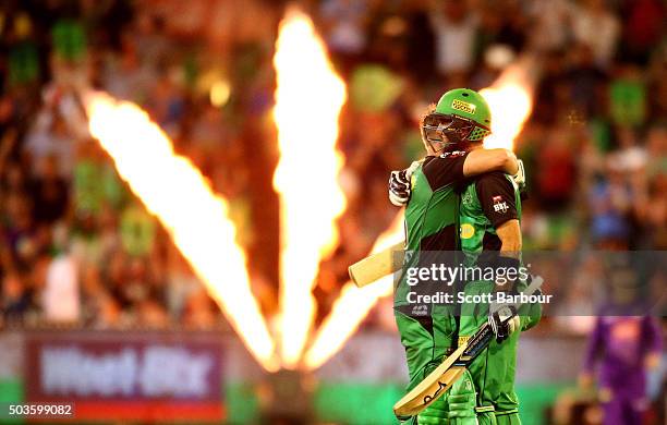 Luke Wright and Glenn Maxwell of the Stars embrace after the winning runs were hit and they won the Big Bash League match between the Melbourne Stars...