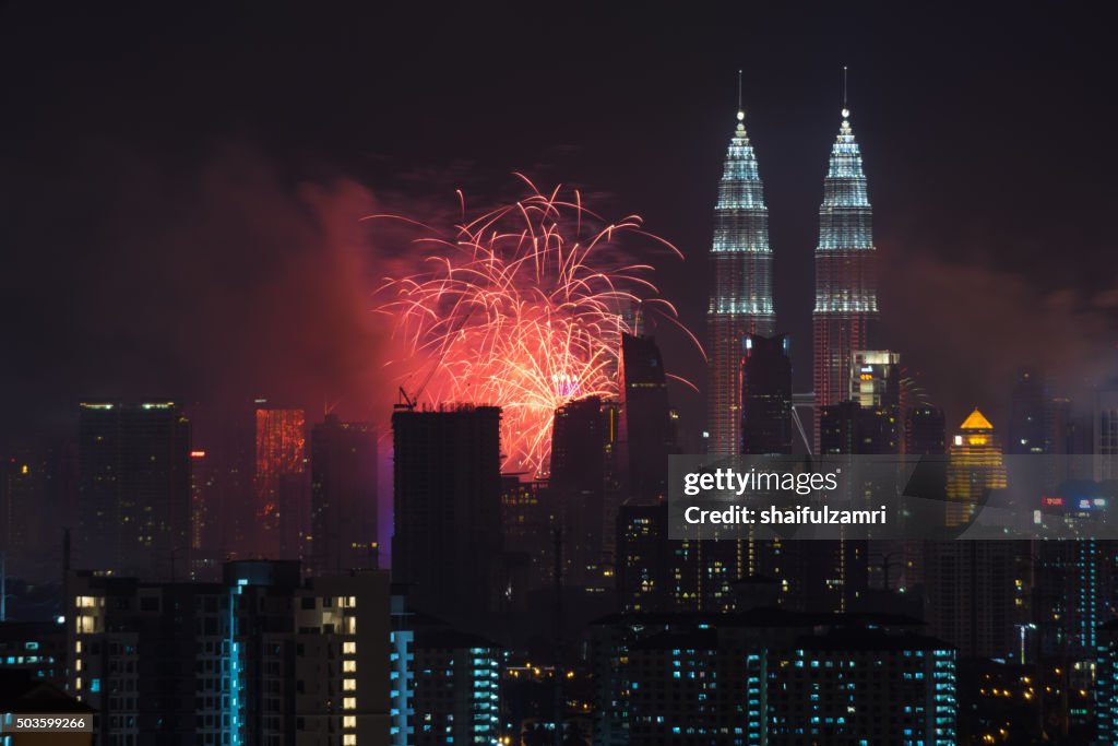 KUALA LUMPUR, MALAYSIA - 1ST JANUARY 2016; New year's eve 2016 celebration over downtown Kuala Lumpur, Malaysia.