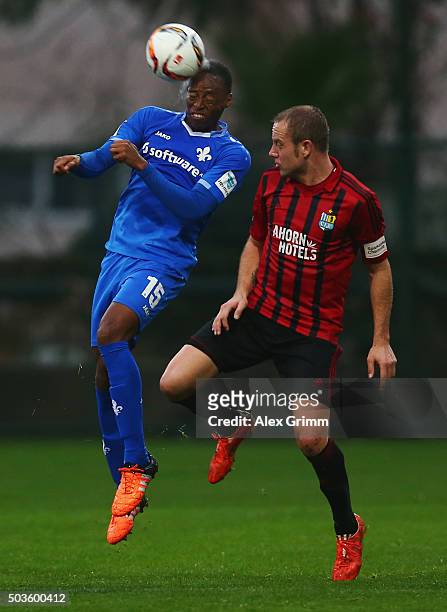 Junior Diaz of Darmstadt is challenged by Frank Loening of Chemnitz during a friendly match between SV Darmstadt 98 and Chemnitzer FC on January 6,...