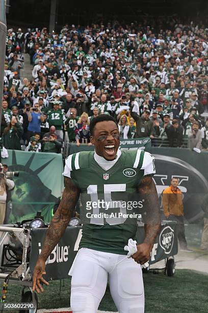 Wide Receiver Brandon Marshall of the New York Jets is introduced in the game against the New England Patriots at MetLife Stadium on December 27,...