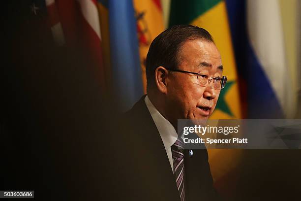 United Nations Secretary-General Ban Ki-moon makes comments to the media on the situation in North Korea before the Security Council holds a...