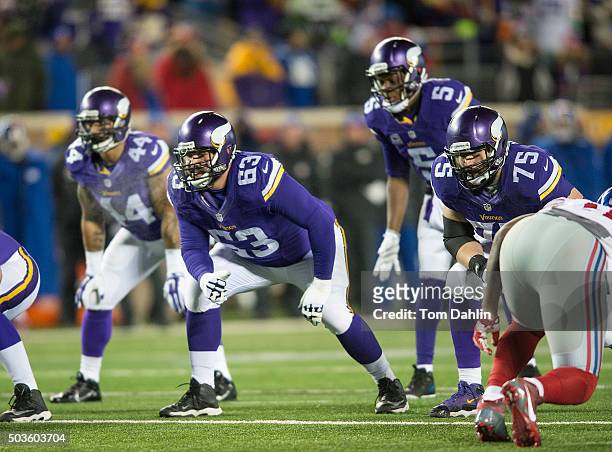 Brandon Fusco of the Minnesota Vikings blocks during an NFL game against the New York Giants at TCF Bank Stadium December 27, 2015 in Minneapolis,...