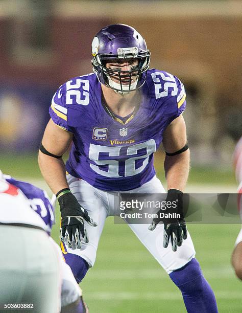Chad Greenway of the Minnesota Vikings eyes the offense during an NFL game against the New York Giants at TCF Bank Stadium December 27, 2015 in...