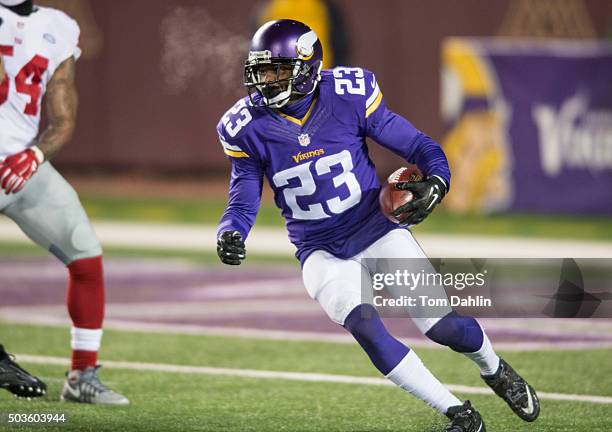 Terence Newman of the Minnesota Vikings carries the ball during an NFL game against the New York Giants at TCF Bank Stadium December 27, 2015 in...