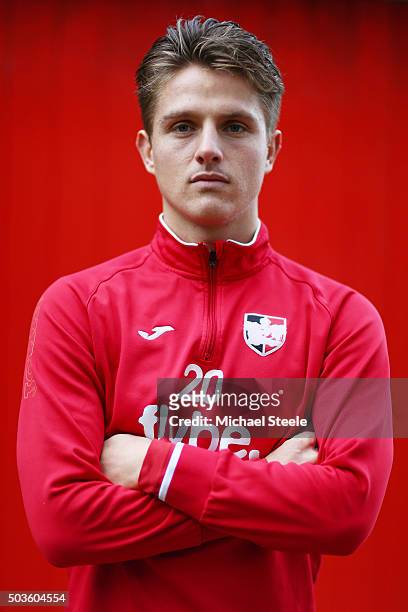 Striker Tom Nichols of Exeter City poses during the Exeter City FA Cup Media Day at the Cliff Hill training ground on January 6, 2016 in Exeter,...