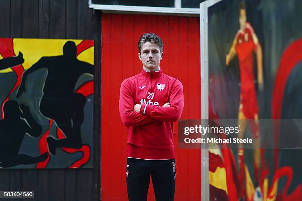 Striker Tom Nichols of Exeter City poses during the Exeter City FA Cup Media Day at the Cliff Hill training ground on January 6, 2016 in Exeter,...