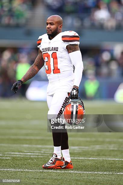 Donte Whitner of the Cleveland Browns looks on during the game against the Seattle Seahawks at CenturyLink Field on December 20, 2015 in Seattle,...