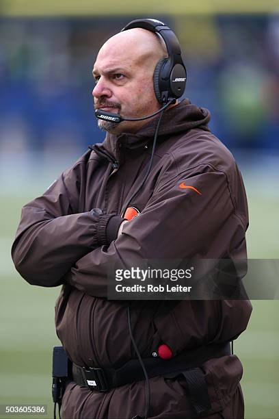 Mike Pettine of the Cleveland Browns coaches during the game against the Seattle Seahawks at CenturyLink Field on December 20, 2015 in Seattle,...