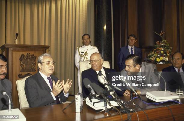 South African Def. Minister Magnus A. Malan , Foreign Min. Roelof F. Botha , Pres. Pieter Willem Botha and United Nations Secy. Gen. Javier Perez de...