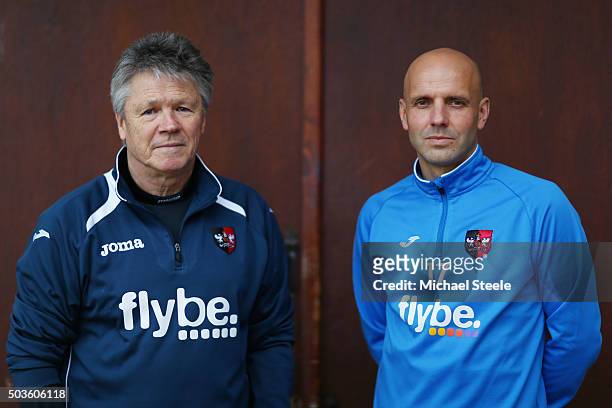 Steve Perryman the Exeter City Director of Football and Paul Tisdale the Manager of Exeter City pose during the Exeter City FA Cup Media Day at the...