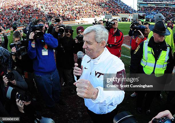 Head Coach Frank Beamer of the Virginia Tech Hokies speaks to the fans after the game against the North Carolina Tar Heels on November 21, 2015 at...