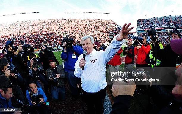 Head Coach Frank Beamer of the Virginia Tech Hokies speaks to the fans after the game against the North Carolina Tar Heels on November 21, 2015 at...