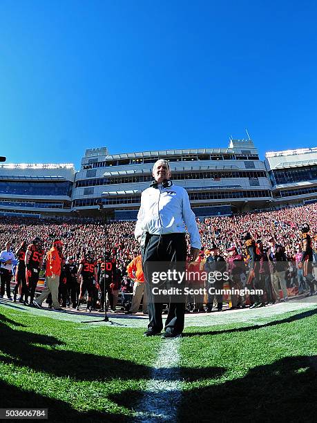 Head Coach Frank Beamer of the Virginia Tech Hokies is introduced before his final home game while playing against the North Carolina Tar Heels on...