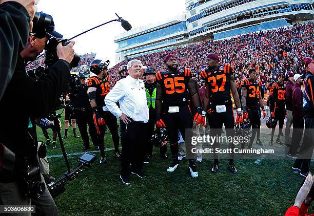 Head Coach Frank Beamer of the Virginia Tech Hokies waits for a video replay during overtime of the game against the North Carolina Tar Heels on...