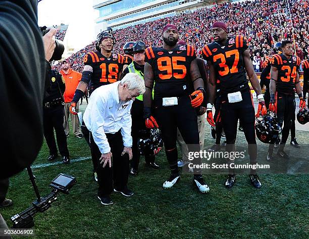 Head Coach Frank Beamer of the Virginia Tech Hokies reacts to a video replay decision which would end the game against the North Carolina Tar Heels...