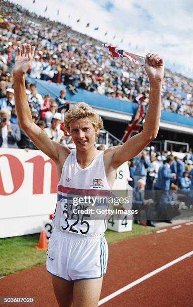 Steve Cram of Great Britain celebrates after winning the 1500 metres final at the 1983 World Championships held on August 14, 1983 at the Olympic...