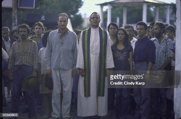 Actor Raul Julia starring in the film Romero based on the life of Salvadoran archbishop Oscar Romero.