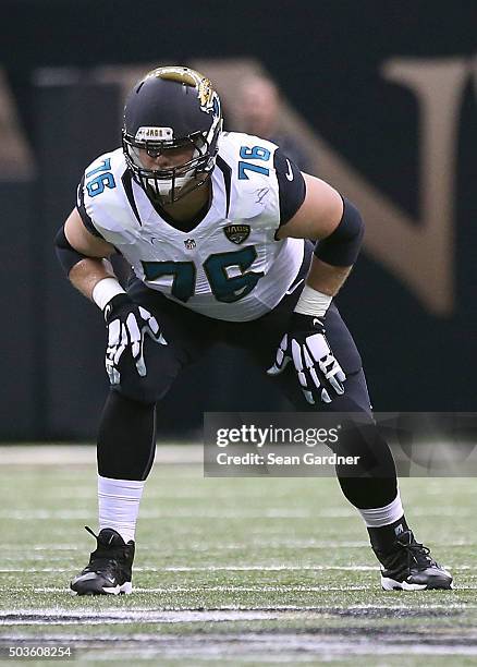 Jermey Parnell of the Jacksonville Jaguars stands on the line of scrimmage during a game against the New Orleans Saints at the Mercedes-Benz...