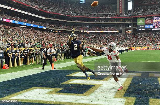 Wide receiver Chris Brown of the Notre Dame Fighting Irish hauls in a third quarter touchdown over cornerback Gareon Conley of the Ohio State...