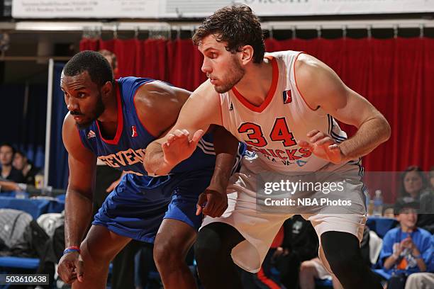 Jordan Bachynski of the Westchester Knicks waits for a rebound during the game against the Delaware 87ers at the Westchester County Center on...