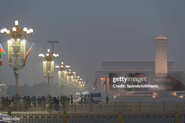 smoggy view of tiananmen square in beijing - beijing government stock pictures, royalty-free photos & images