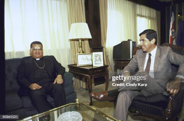 Costa Rican Pres. Oscar Arias Sanchez meeting with Cardinal Miguel Obando y Bravo during Contra peace talks.