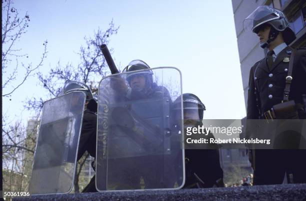 Troops equipped with shields, helmets and clubs during riots in anti-government protests.