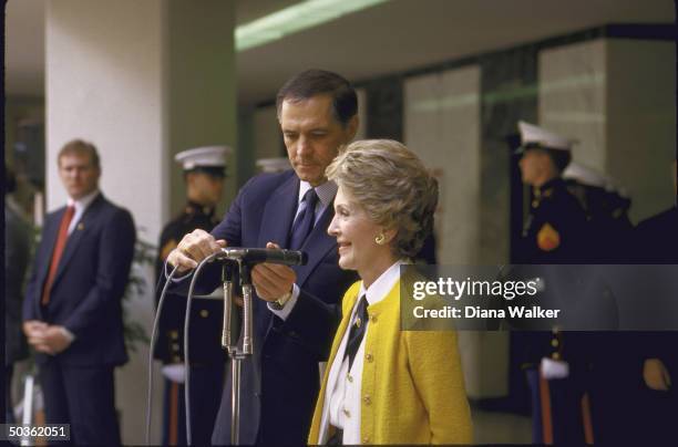 Wife of US Pres. Mrs. Ronald W. Reagan while in country with US Amb. To Mexico John Gavin touring in wake of earthquake.