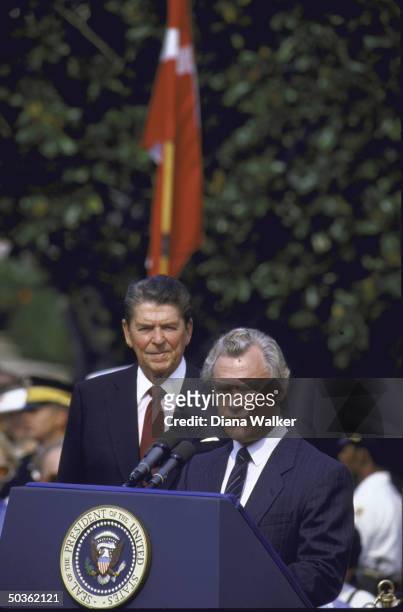President Ronald W. Reagan and Prime Minister Poul Schluter of Denmark at a White House Ceremony.