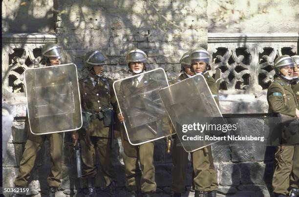 Troops equipped with shields, helmets and clubs during riots in anti-government protests.