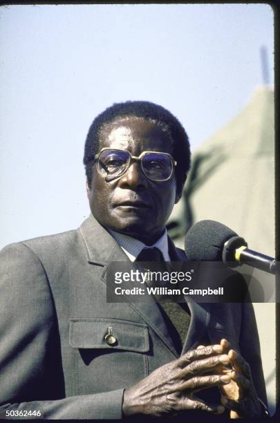 Of Zimbabwe Robert G. Mugabe in military uniform, speaking at election rally at Tsholotsho.